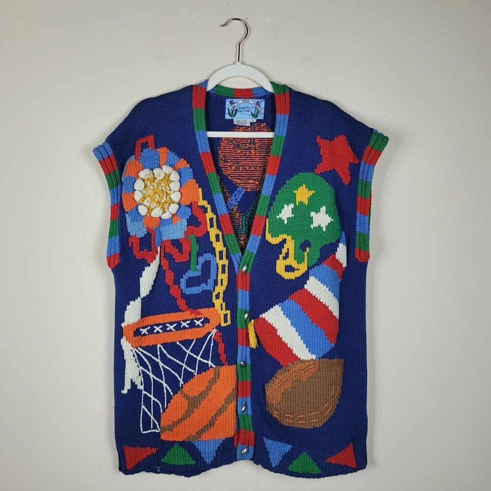 VTG Just Better Sweaters Lisa Coufal Sweater Vest Sz 1 Cardigan Sports Novelty
